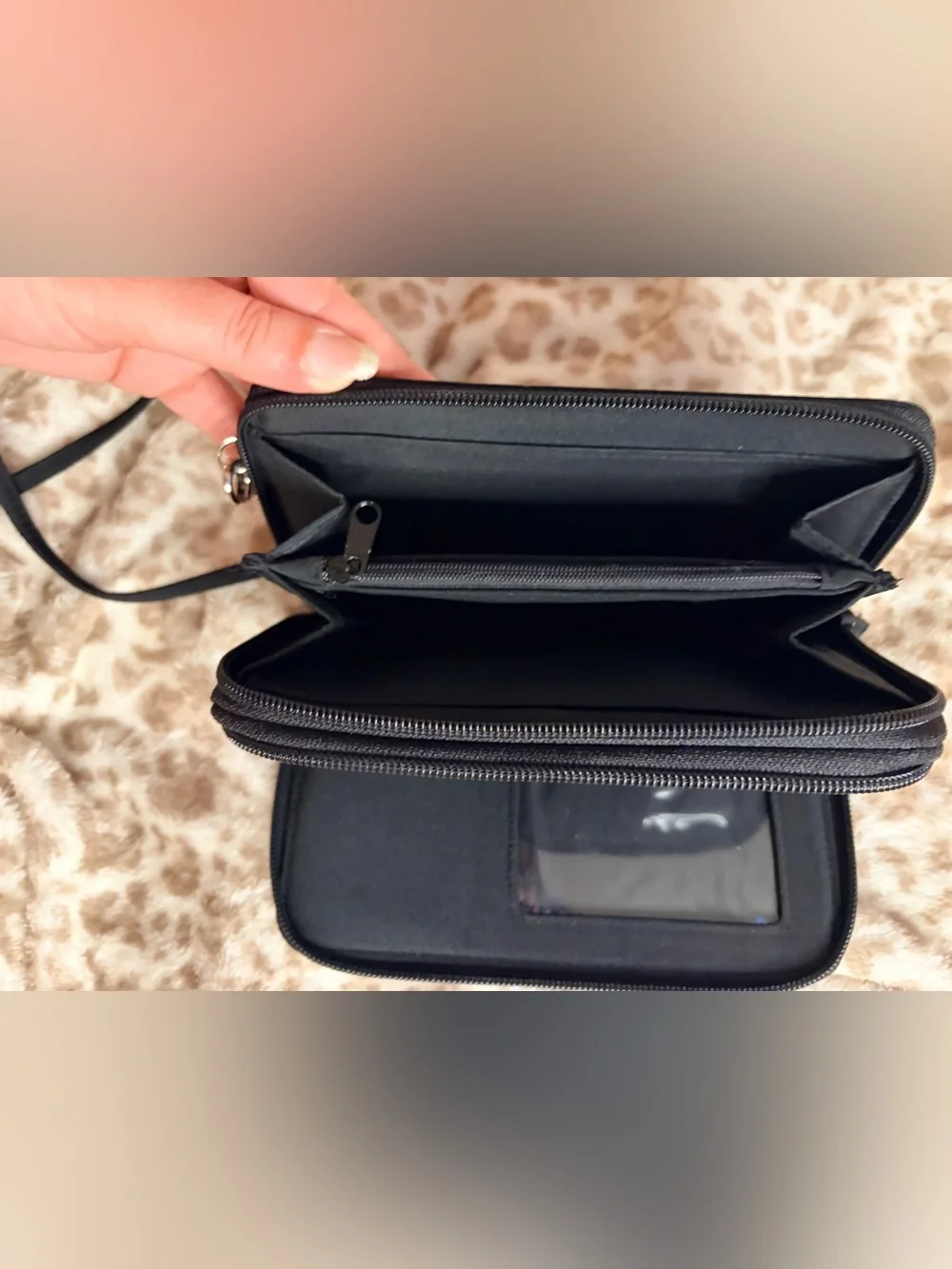 Classic Black Double-Zip Wallet w. Strap | EUC | Two Interior Compartments